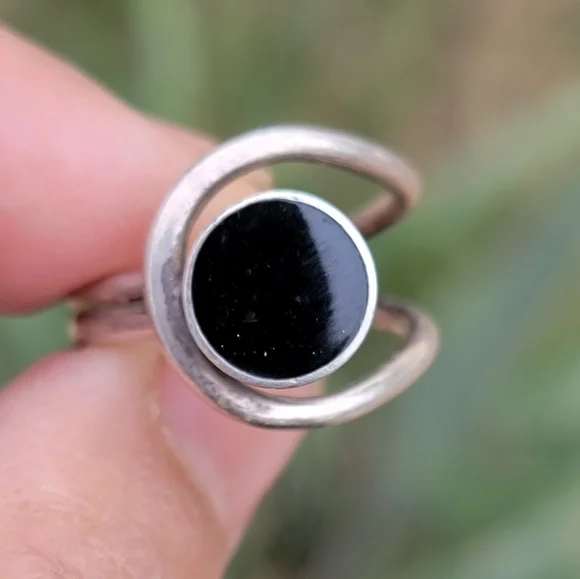 Vintage Southwestern modernist 925 sterling silver MEXICO onyx inlay ring TAXCO - Picture 3 of 17